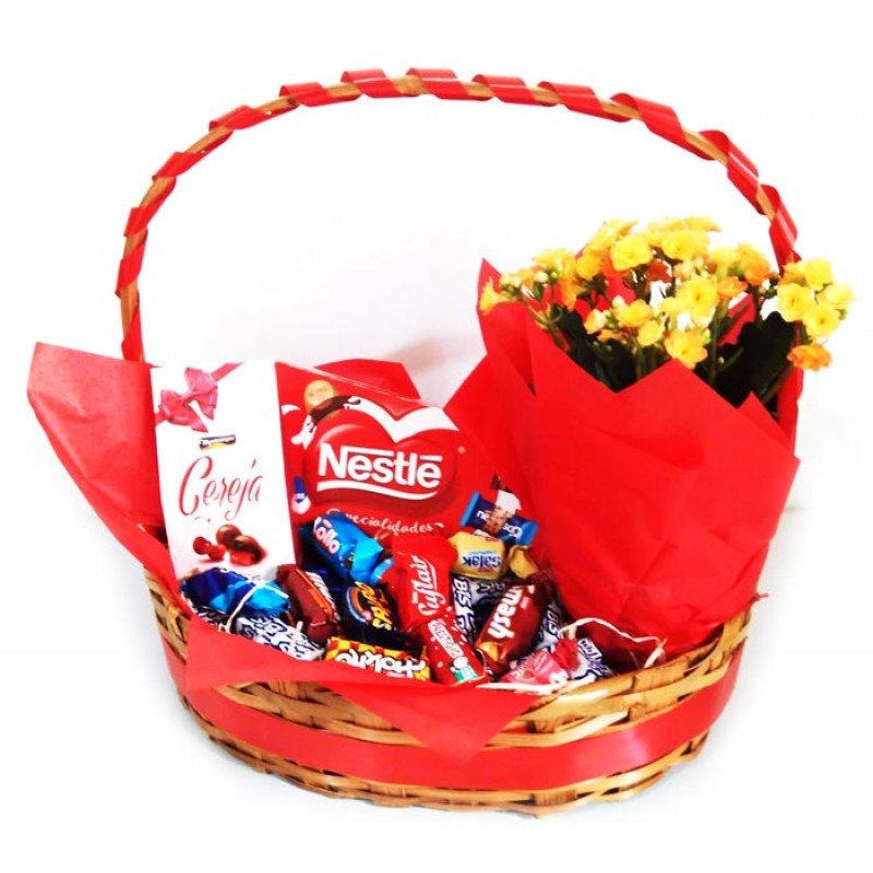 CESTA CHOCOLOVE VERMELHA COM FLOR